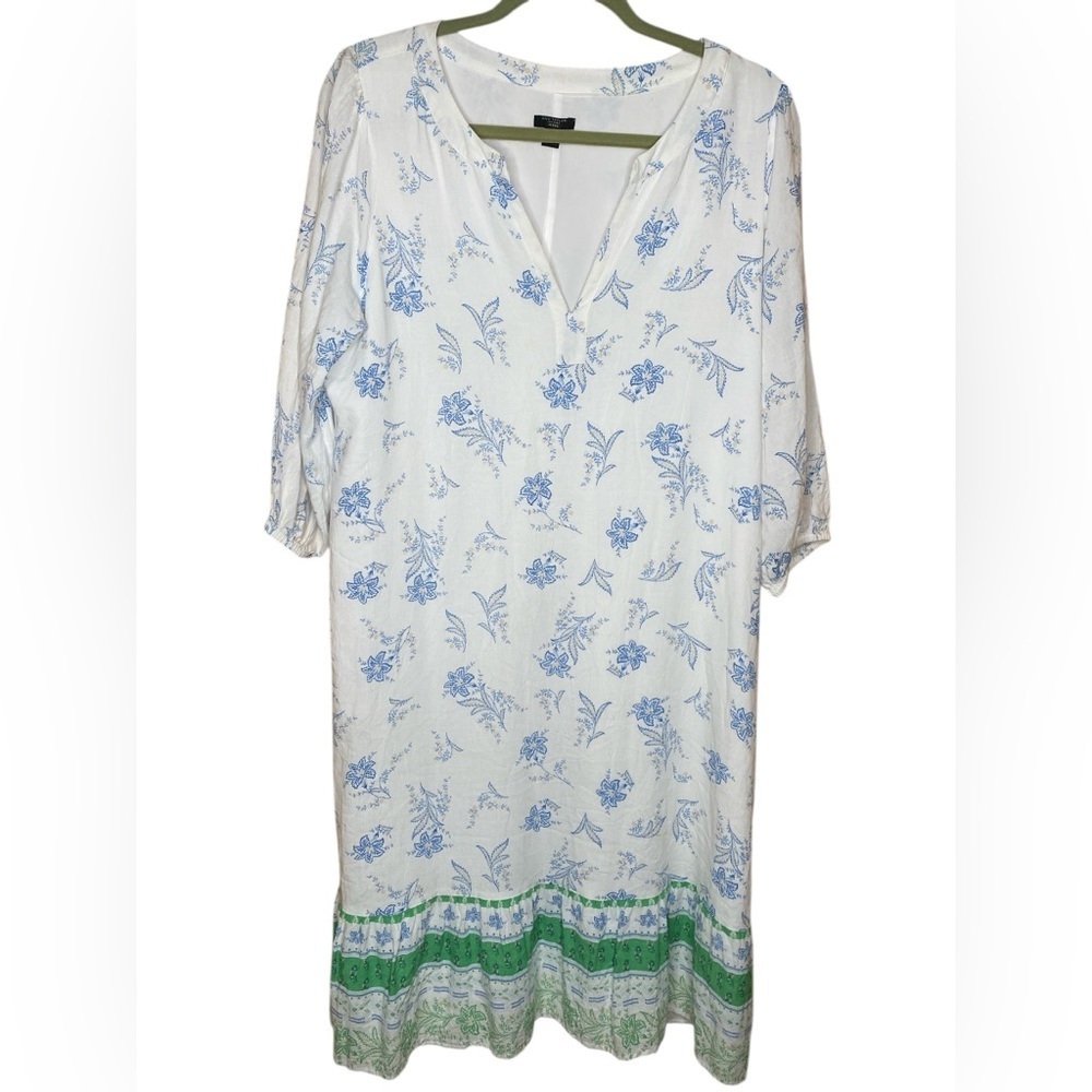 Ann Taylor Factory Floral White, Blue & Green Midi Dress, 3/4 Sleeves.  Size  LP
